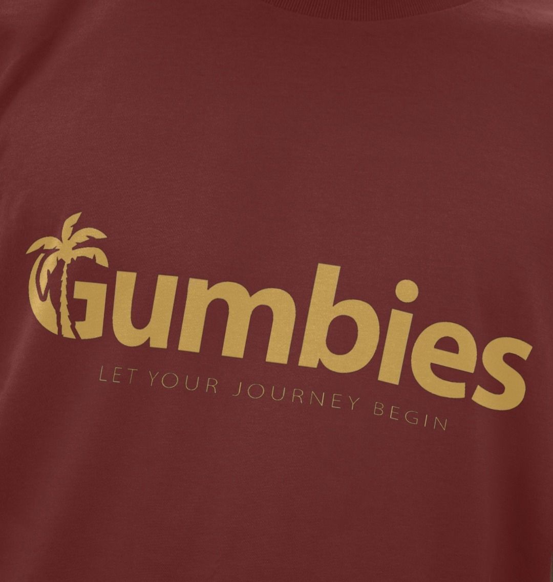 Gumbies Full Logo Red Wine/Yellow - Unisex Organic Cotton T-Shirt